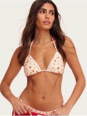 Parke Cream Floral Triangle Bikini Top with Pink & Red Blossoms